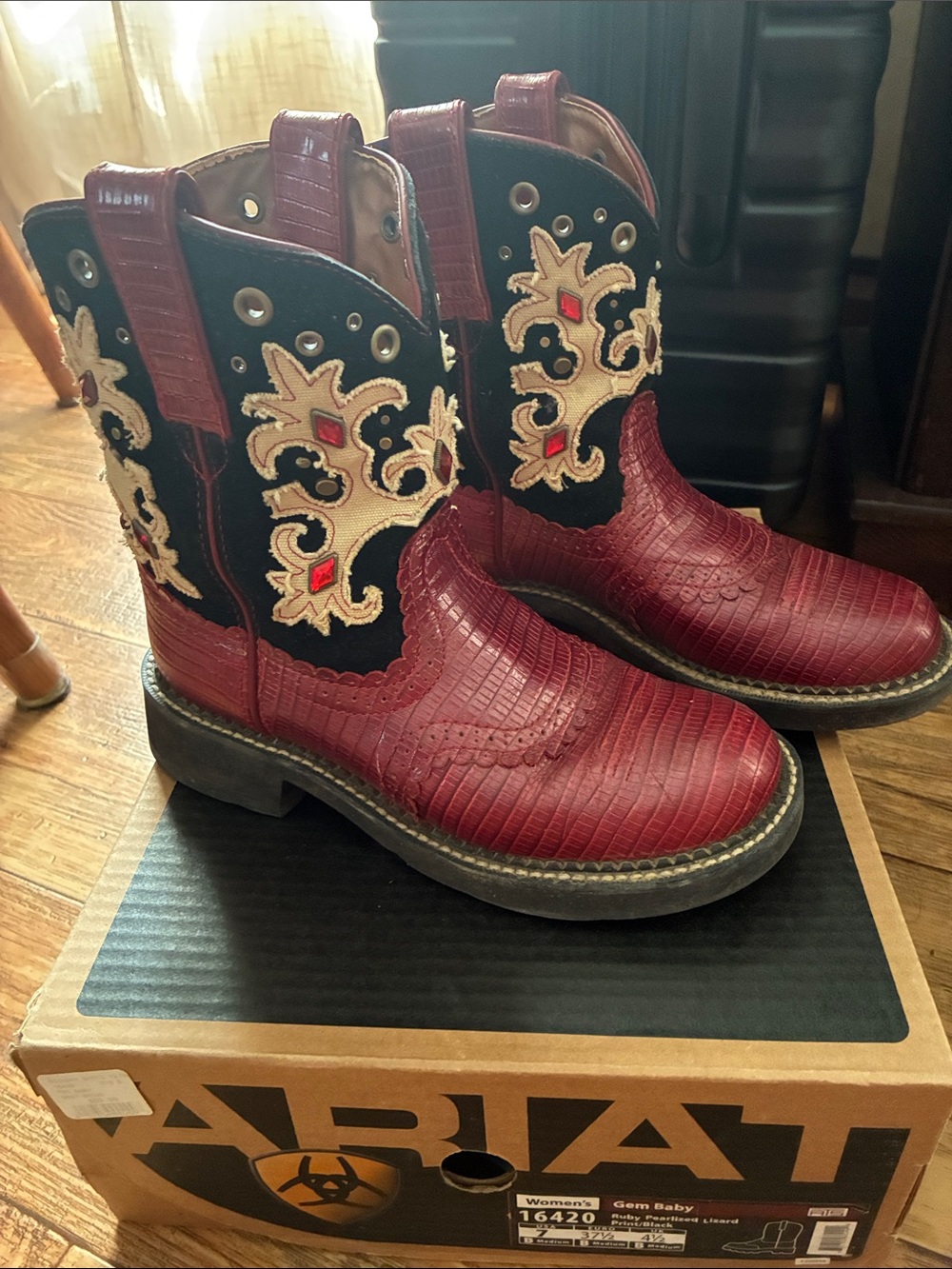 Ariat women’s Burgundy & Black Western Embossed Boots with Cream Embroidery